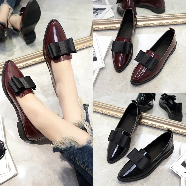 

British Style Patent Leather Ballet Flats Female Shoes Casual Sneaker Shallow Mouth Bow-Knot Oxfords Women's Pointed Toe Mixed C