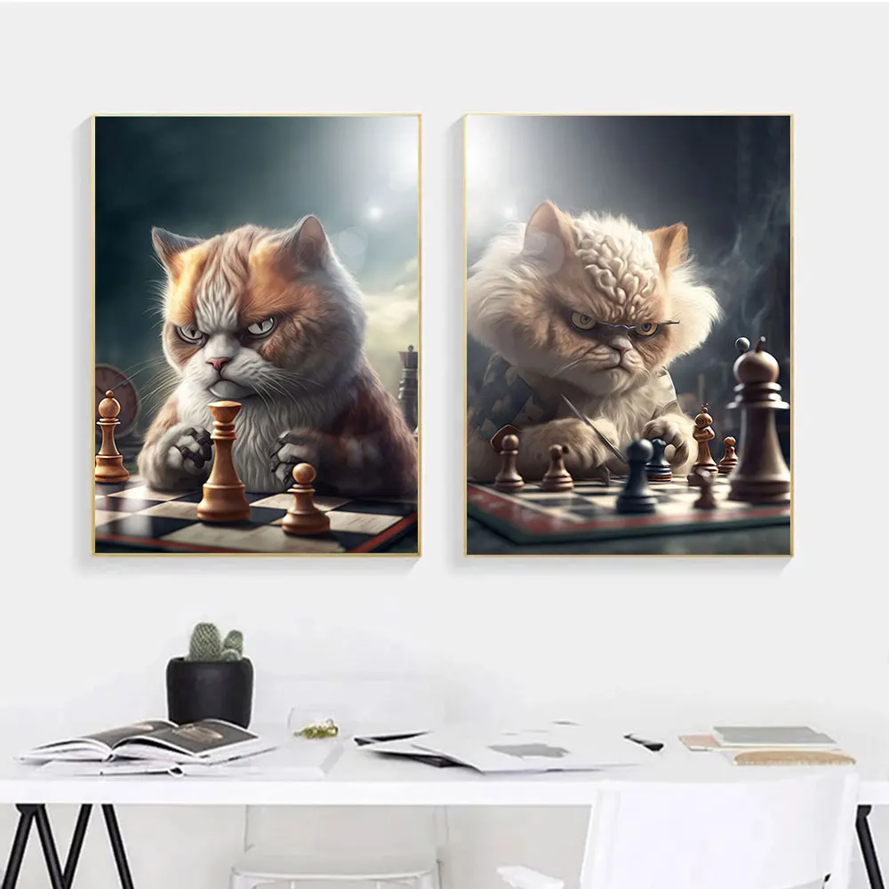 Абстрактный аниме смешной Кот банды плакаты и принты игра шахматы холст живопись