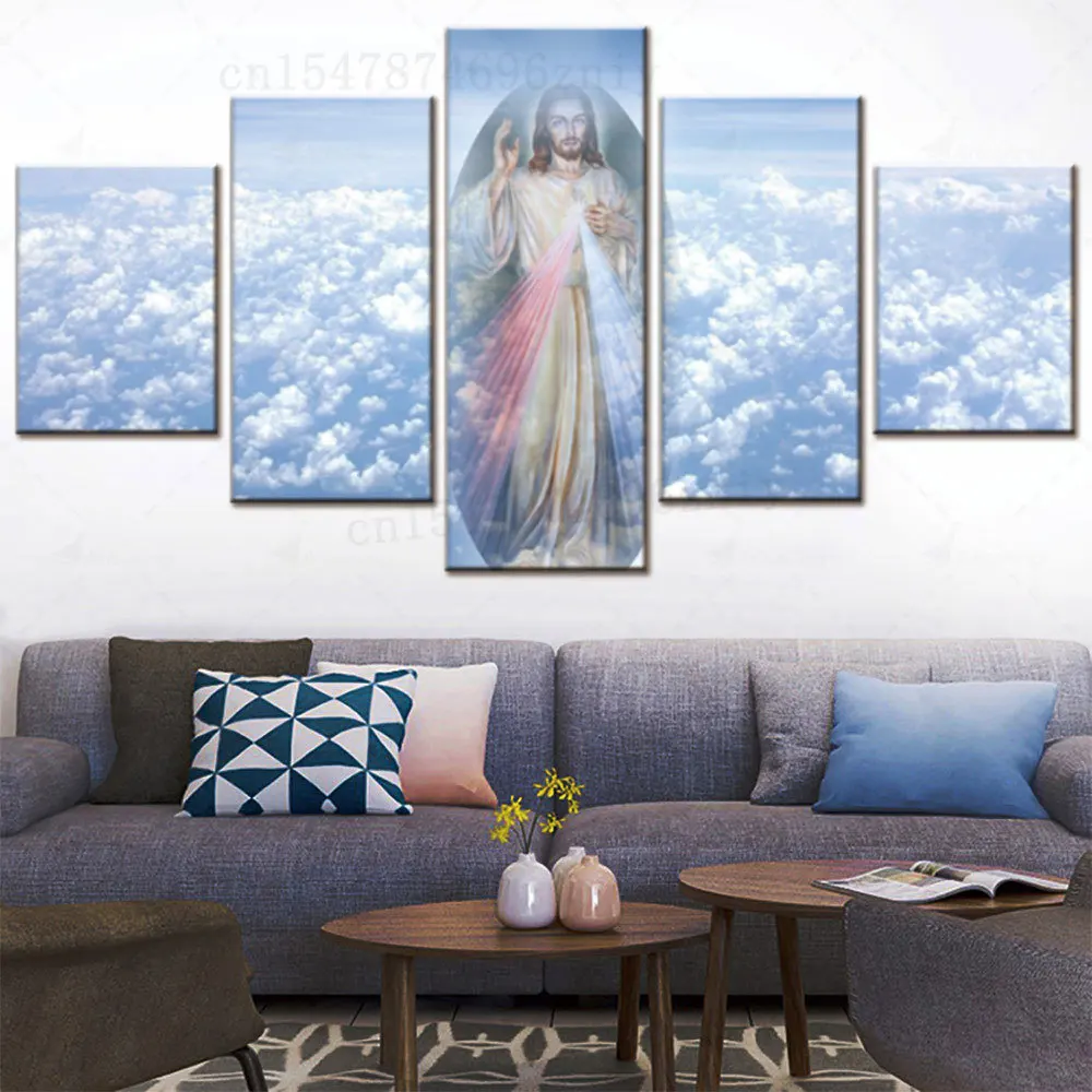 

5 панелей винтажный христианский Иисус Портрет фон декоративные картины религия настенные художественные плакаты домашний декор HD печать ...