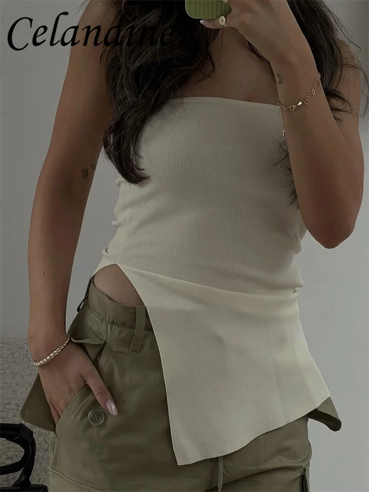 

Celandine 2023 Асимметричный базовый трикотажный топ с открытой спиной Модный черный женский сексуальный укороченный Топ без бретелек Летняя Клу...