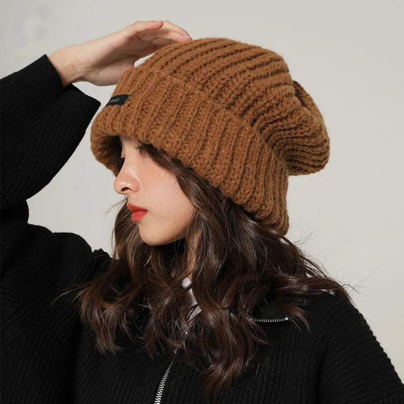 

For Women Autumn Winter Ear Protection Cap Warm Beanies Female Casual Fashion Bonnets Vintage High Roof Knitted Hat Skullies V8