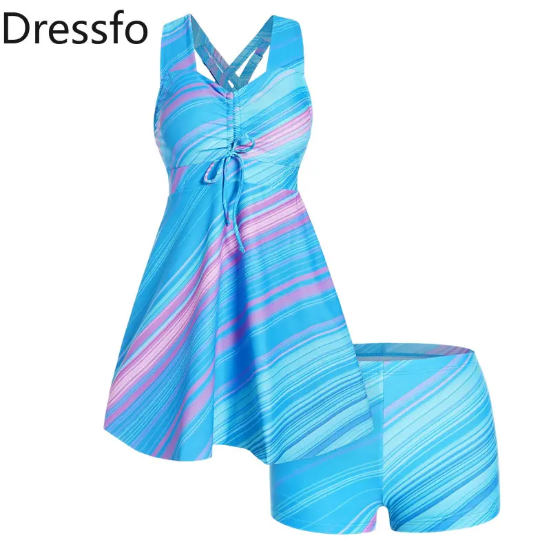 

Dressfo Modest Tankini Swimsuit Colored Striped Print Swimwear Cinched Crisscross Padded Boyshorts Vacation Bathing Suit Women