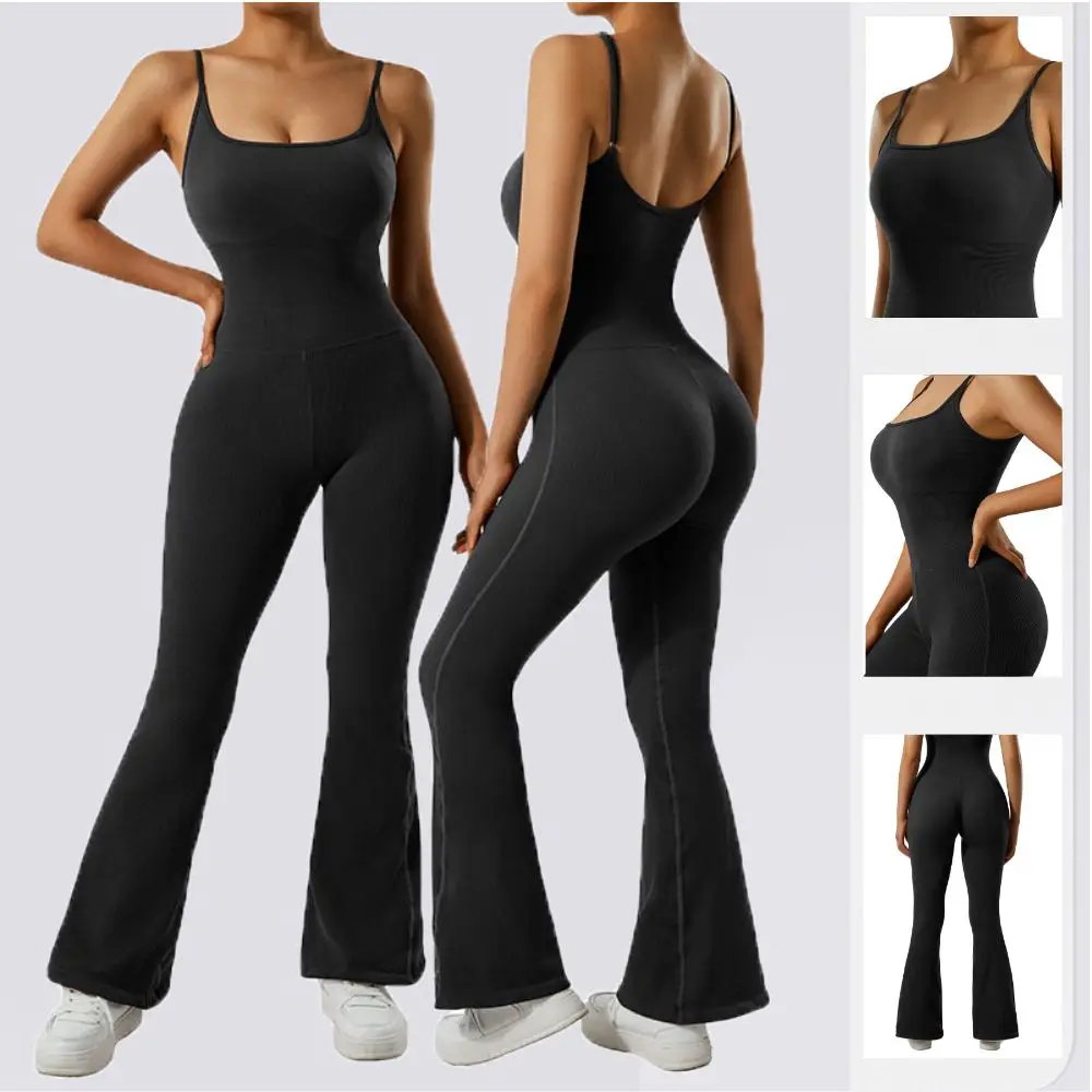 

Women Ribbed Flare One Piece Jumpsuits Seamless Padded Sexy One Piece Bodysuit Sport Tracksuit Woman Gym Yoga Suits For Fitness