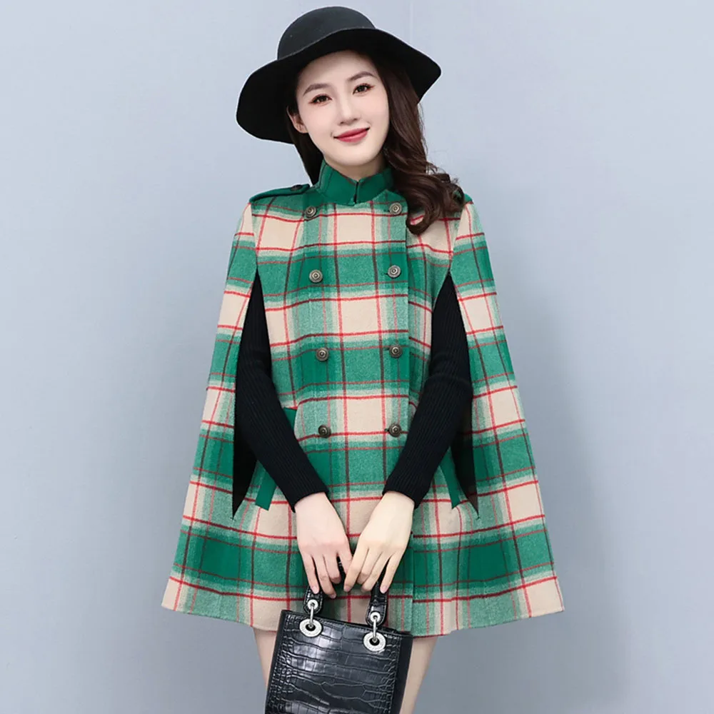 

Vintage Poncho Jacket For Women 2022 Autumn Winter Women's Woolen Green Cape Casual Coat Cloak Ladies Wool Blends Plaid Capes