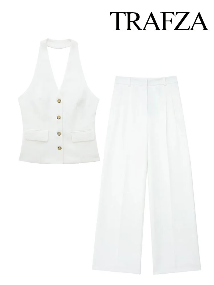 

TRAFZA Vintage Female Waistcoat Chic backless Tops Women Fashion Casual Pocket decoration halter Neck Vest Sleeveless Button-up