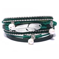 feather studded leather bracelet ladies jewelry pearl pendant bracelet female magnetic buckle bridesmaid gift ladies bracelet
