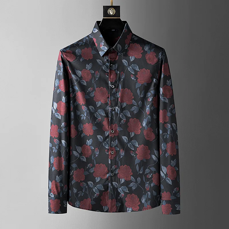 Vintage Floral Print Shirts Men 2022 Autumn Long Sleeve Casual Slim Shirt Camisa Masculina Social Party Streetwear Tuxedo Blouse