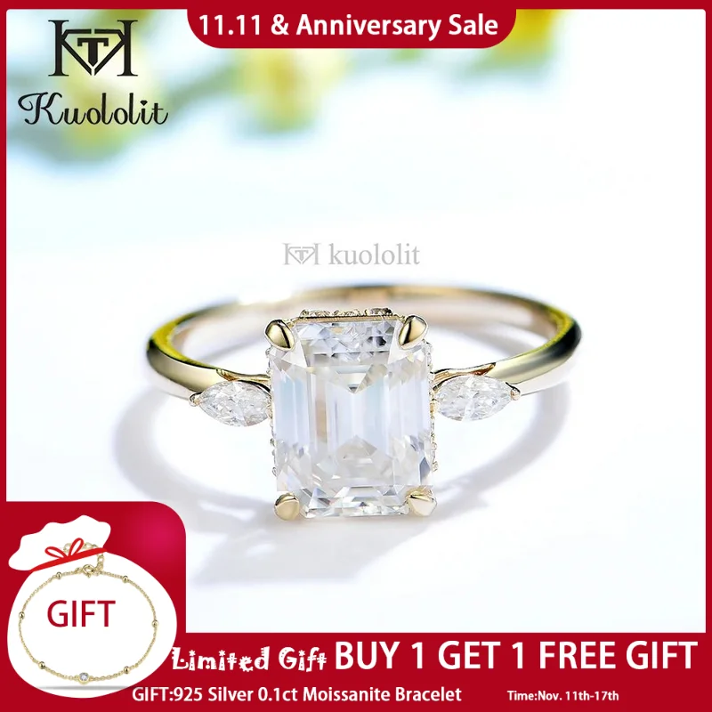 

Kuololit 3CT Moissanite 18K 14K 10K White Gold Ring for Women Emerald Cut D/VVS1 Solitaire Hide Halo Ring for Engagement Wedding
