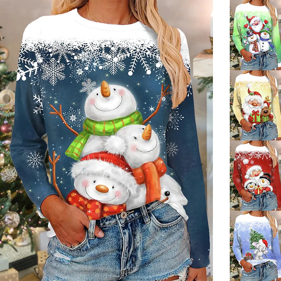 

New Round Neck Blouse Autumn/winter Animation Snowman Printed Large Pattern Youth Sense of Women Blouse T-shirt XS-8XL
