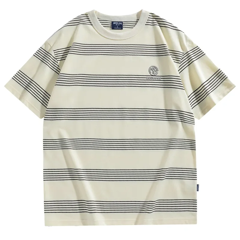 Ankay Japanese Vintage Striped Short Sleeve Men's T-shirt Loose Fit New Style Trendy Brand Half Body Round Neck