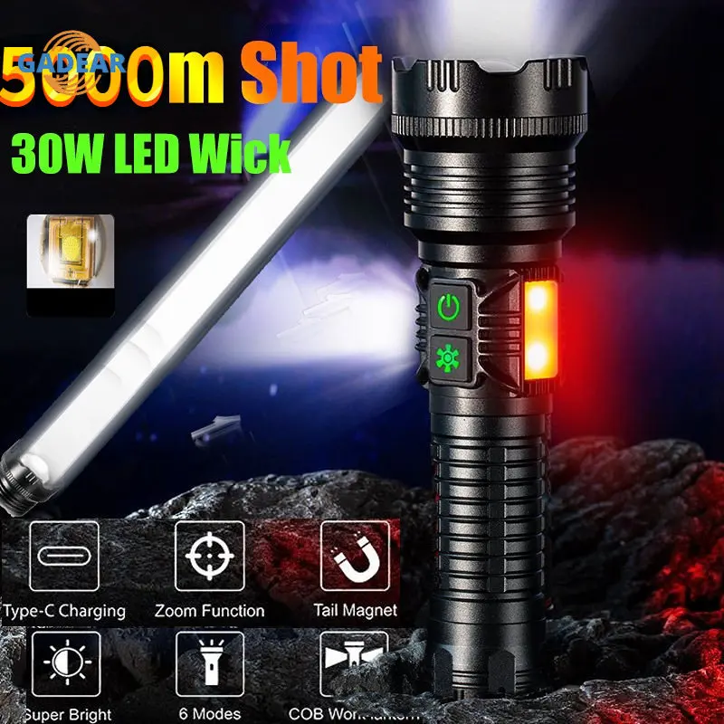 

Super Power LED Flashlight Torch with 30W Wick and Double Side Lights Lighting Distance 5000M Waterproof Tactical Hunting Lights
