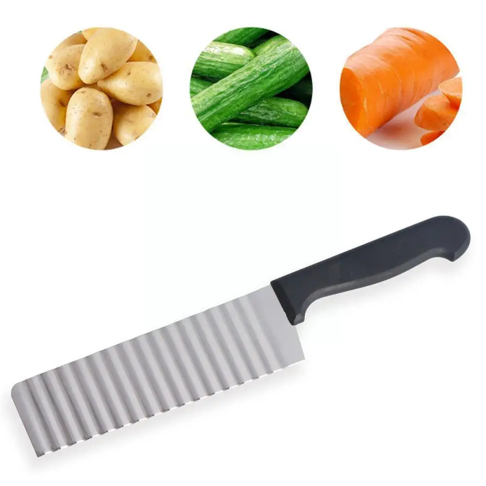 

Stripe Steel Potato Chip Slicer Dough Vegetable Fruit Tools Maker Cutter Slicer Potato Crinkle Knife Wavy Chopper French Fr J8a6