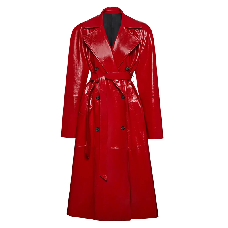 Модная красная ветровка из овчины длиной до колена двубортное стильное женское