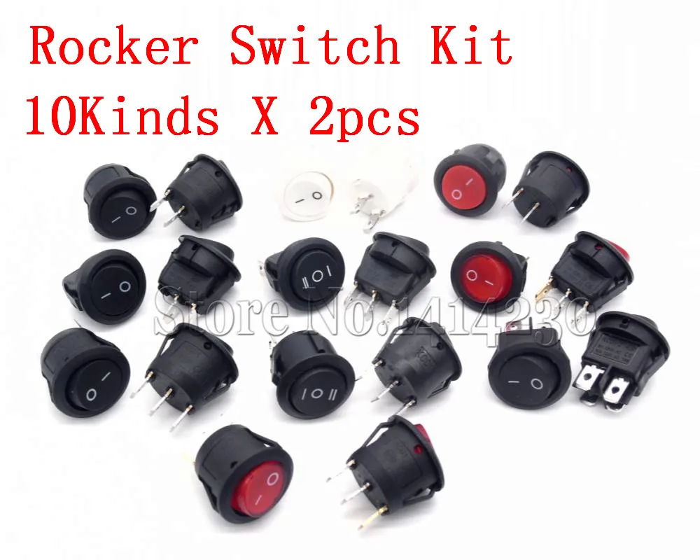 

20Pcs 23mm Round Rocker Switch Kit 2pin 3pin 4pin 10A/125V 6A/250V AC 2/3 Position SPDT DPDT ON-OFF-ON/ ON-OFF 10kinds X 2pcs