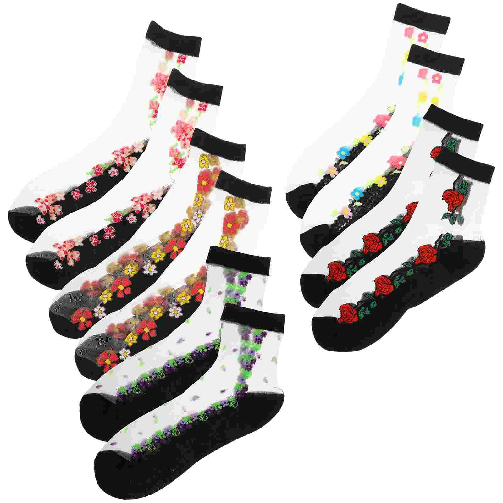 

5 Pairs Summer Female Thin Anti-Hook Silk Breathable Ankle Socks Short Embroidered Cotton Stockings (Black, Random Cute