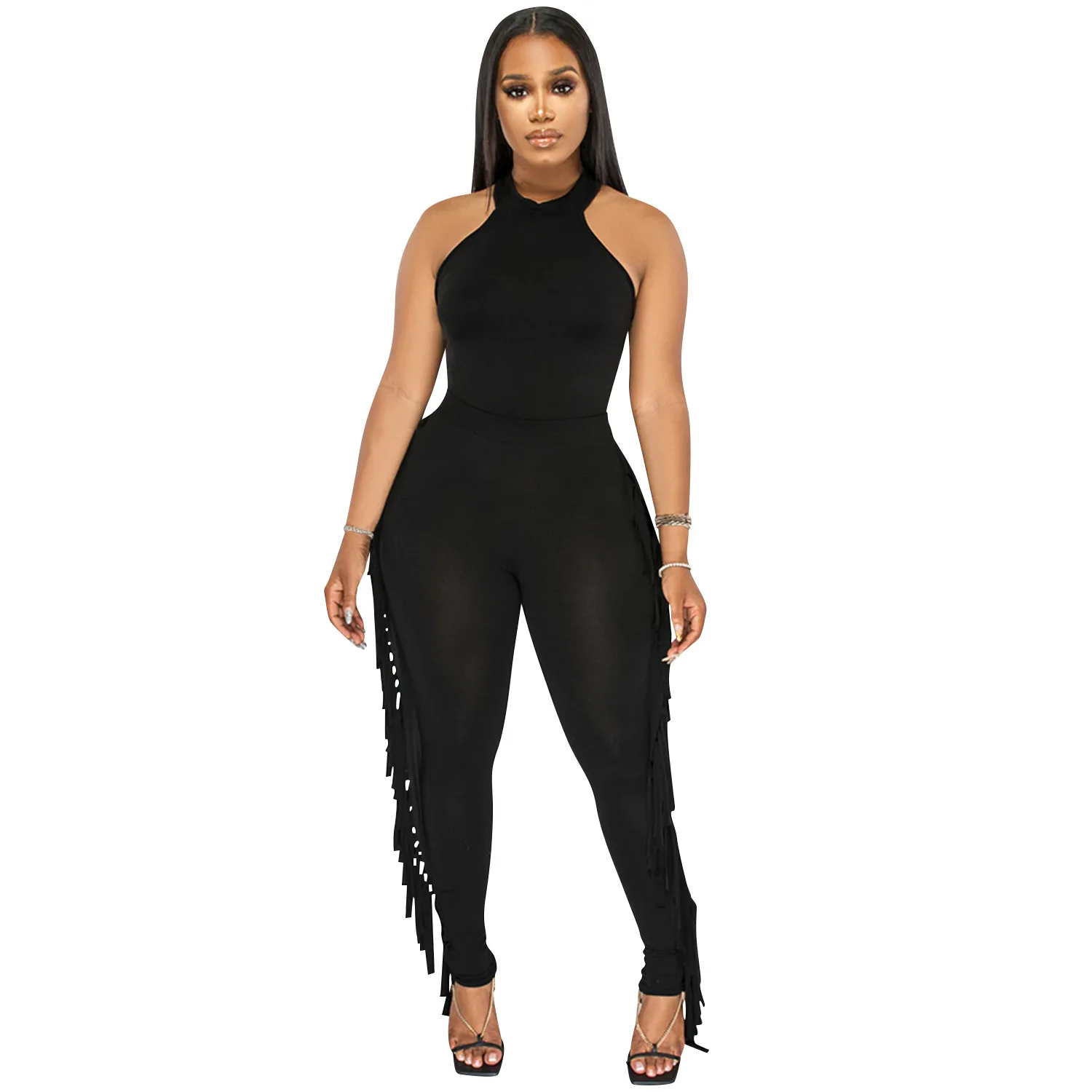 

Fashion Sexy Women Summer Set Skinny Bodysuit Tassel Pants Suit Female 2PCS Streetwear Outfits Women Two Piece Sets