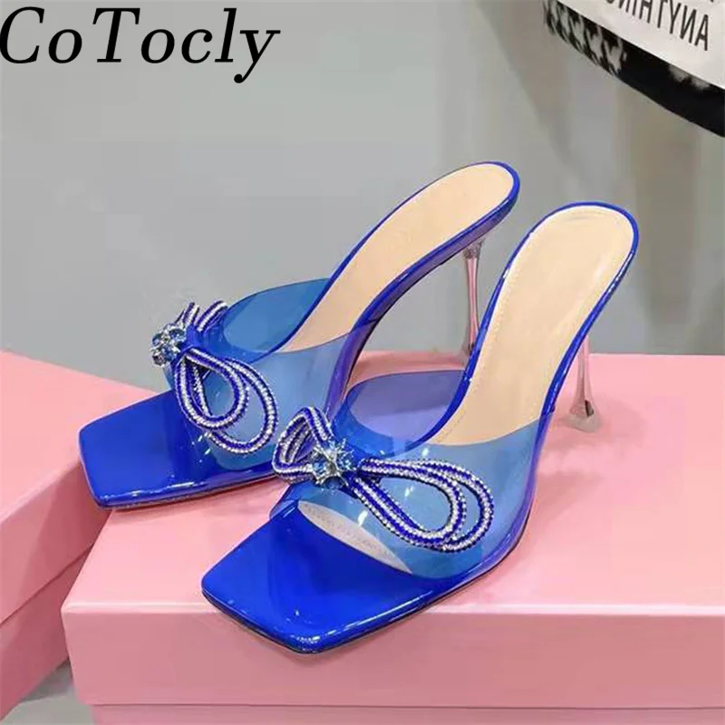 

Summer High Heels Modern Slippers Women Square Toe Rhinestone Butterfly-Knot Dress Party Shoes Clear PVC Heeled Sandals Women
