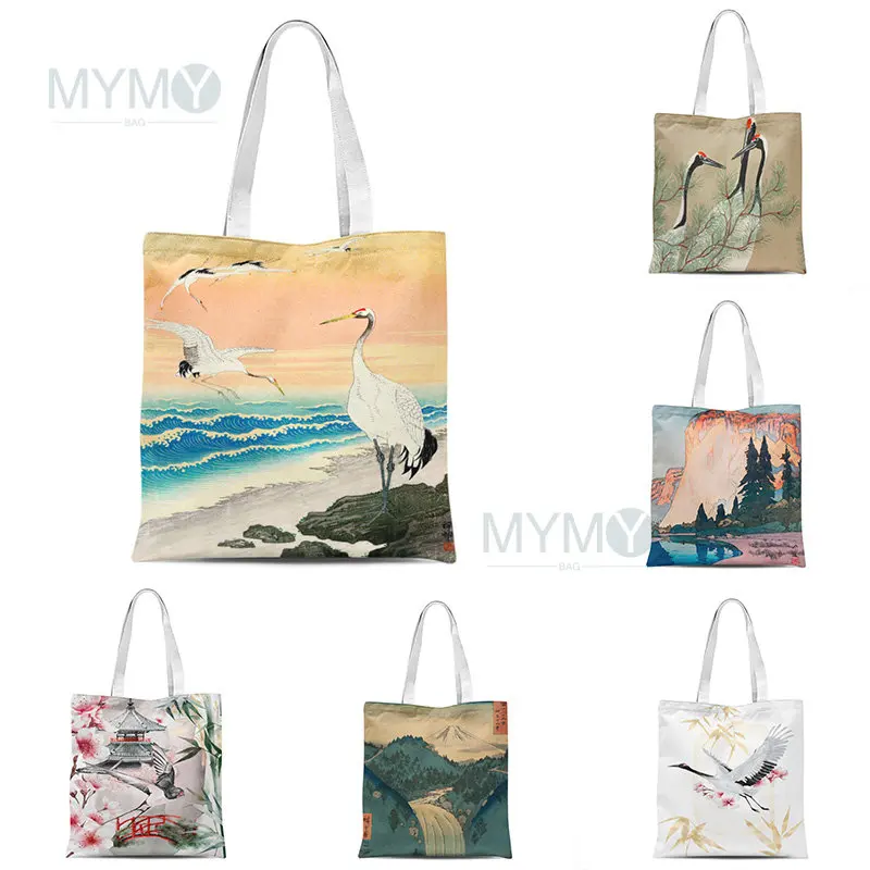 

Bird Spring Day Shoulder Bag Ukiyo Design Causal Women Handbags Crane Japanese Scenery Tote Eco Reusable Shoulder Shopping Bags