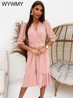 high quality long sleeve ruffle a line dress spring elegant office lady simple solid dress women sexy v neck belt party dresses