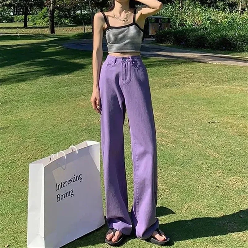 Jeans Women's Solid Color Straight Leg Pants Spring Autumn New High Waist Button Pocket Loose Trousers Casual Female Clothing647