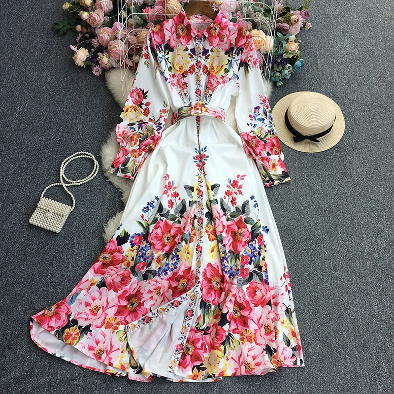 

Spring Autumn Maxi Dresses for Women Elegant Printed Boho Long Sleeve Female Long Robe with Belt Button Vacation Beach New In