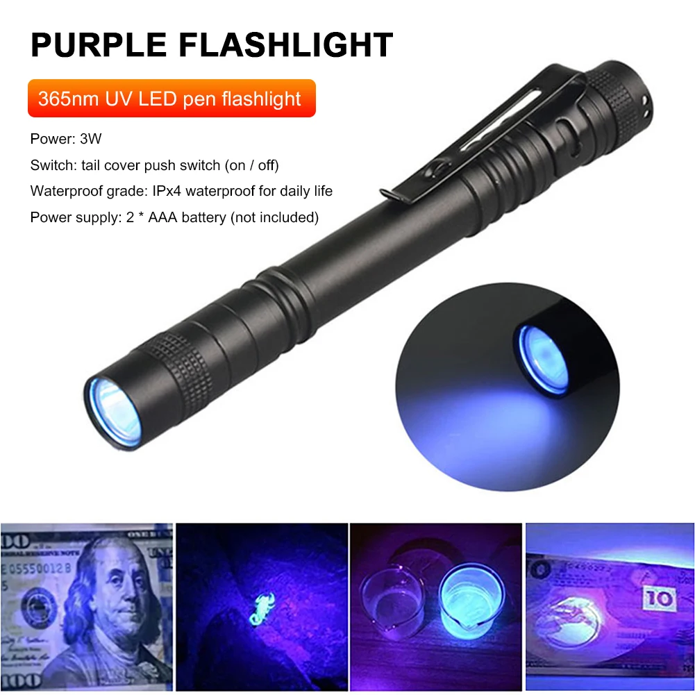 

365nm 3W LED UV Penlight Mini UV LED Pen Light With Clip Function UV Pen Flashlight Black light For Pet Urine Detect Detector