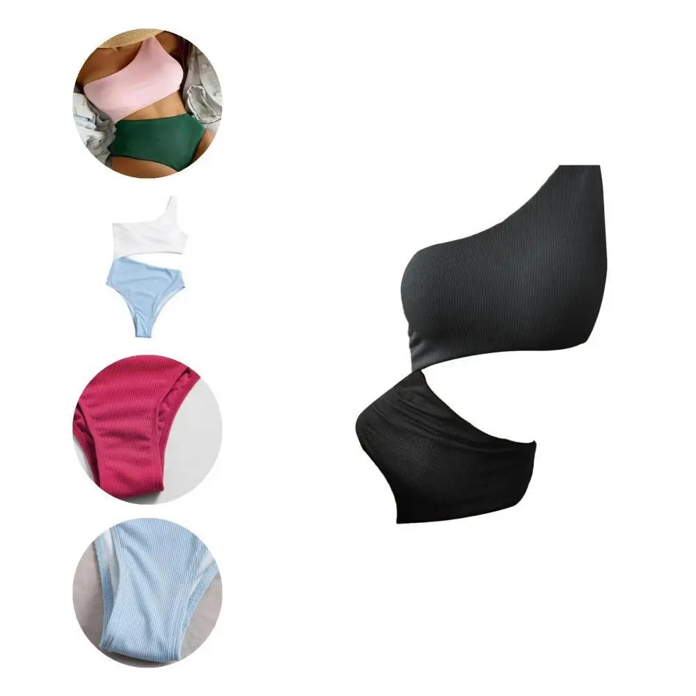 

Padded 2 Pcs/Set Chic Friendly to Skin Swimming Bikini Wireless Swimsuit Set One Shoulder for Swimming