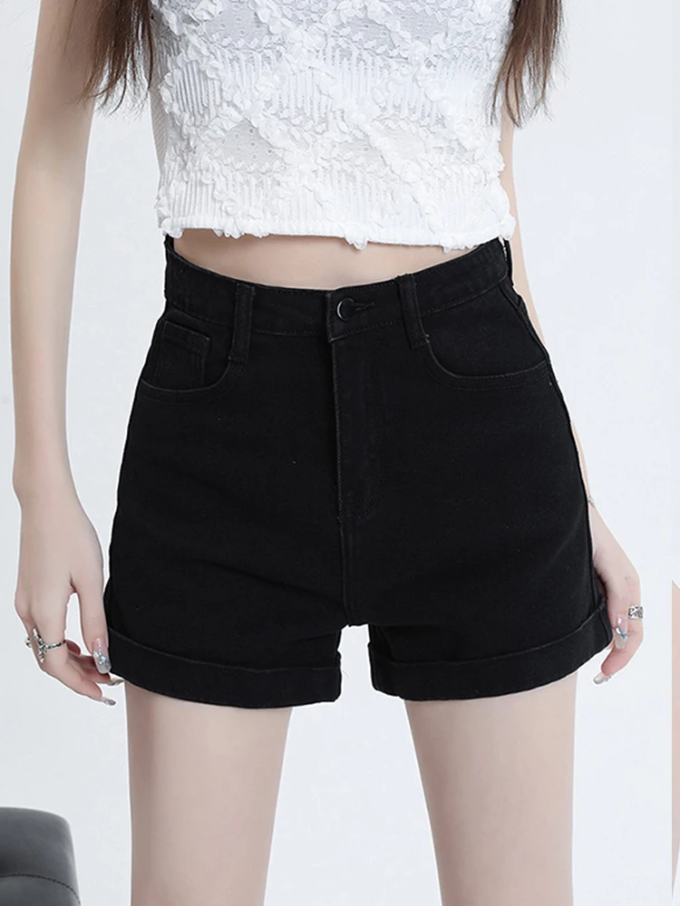 Spring Summer Women High Waist Wide Leg Black Denim Shorts Streetwear Female Loose Button Jeans Shorts Bottoms