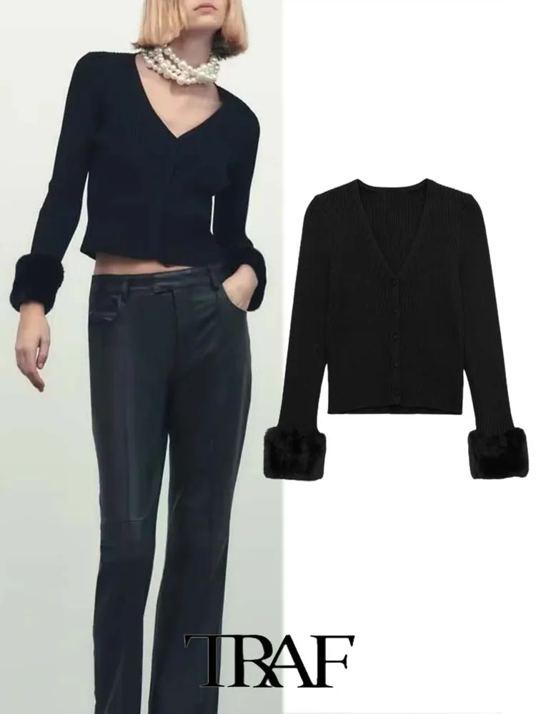 

Женское трикотажное пальто с длинным рукавом, манжетами и V-образным вырезом