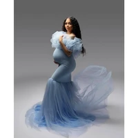 elegant blue mermaid maternity dresses puffy ruffles pregnant women gown for photoshoot off the shoulder pregnancy babyshower