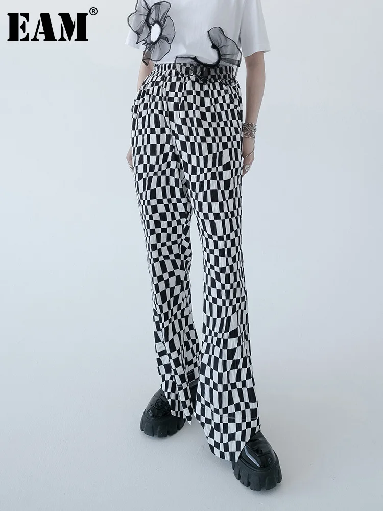 

[EAM] черные клетчатые длинные широкие брюки с высокой эластичной талией, новые свободные женские брюки, модные демисезонные 2022 1DE7803