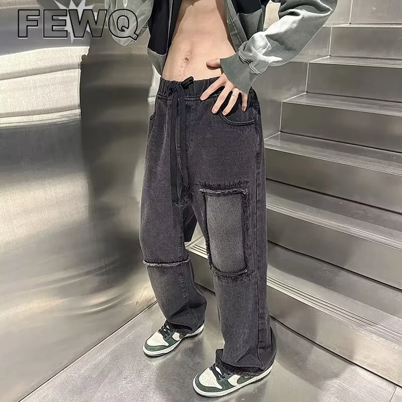 

FEWQ Y2k Men's Jeans Patchwork Male High Street Denim Trousers Straight Vintage Burrs Casual Pant 2023 Spring Trendy New 24B1930
