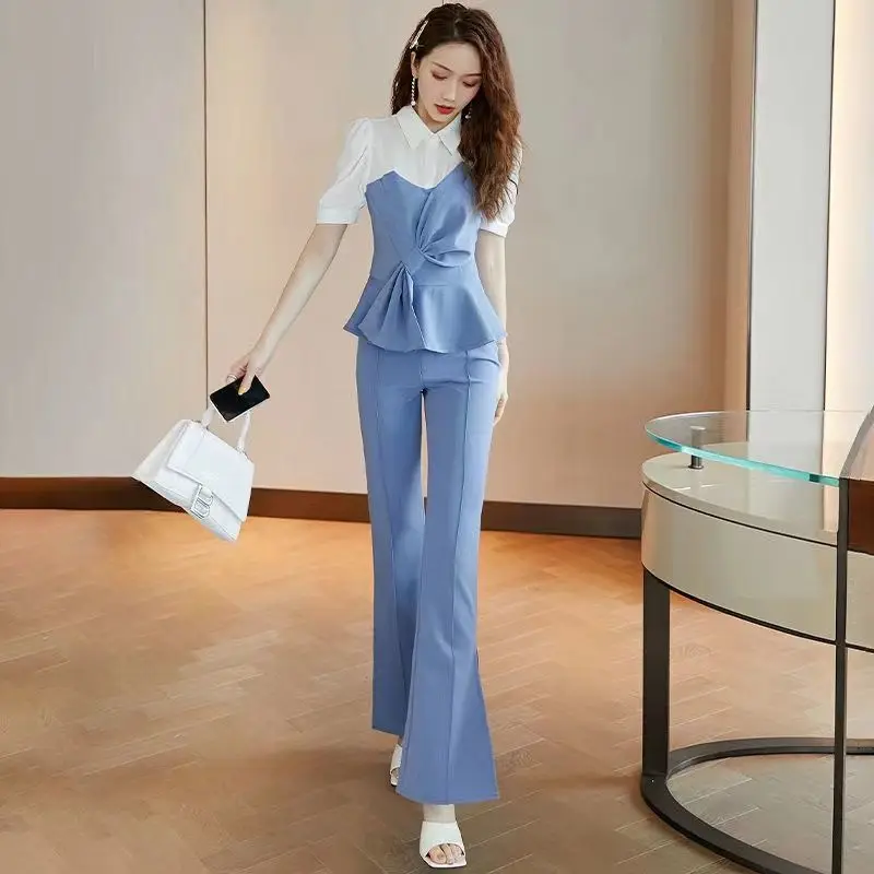 

Women 2022 Summer Fashion OL Two Piece Sets Female Short Sleeve Patchwork Blouses Ladies High Waist Wide-leg Pants Suits L39