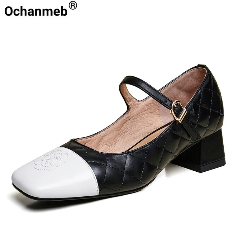 

Женские туфли-лодочки Ochanmeb из овечьей кожи, брендовые роскошные стеганые туфли на толстом среднем каблуке с цветочным узором, женские туфли-лодочки разных цветов, новинка 2023