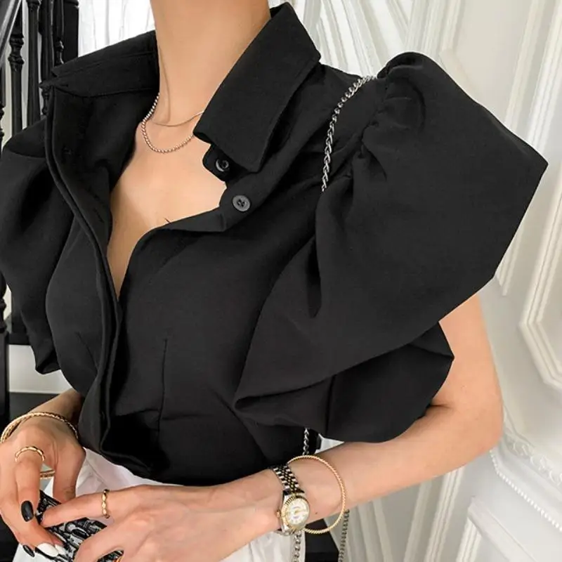 

Casual Black Shirts Women Camisa Feminina Blusas Single Breasted Palace Style Puff Tops Lantern Short Sleeve Blouse Summer Shirt