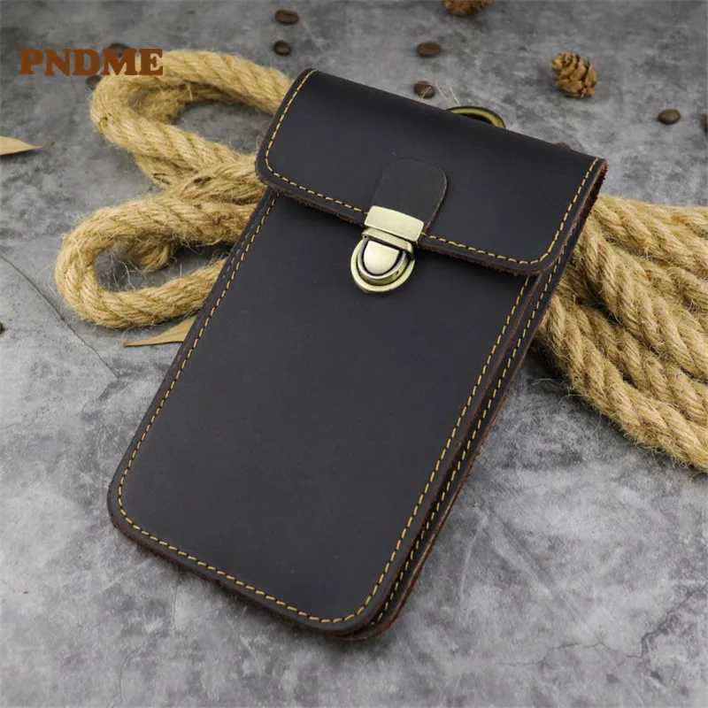 Simple fashion genuine leather men's buckle phone waist packs high quality natural crazy horse cowhide thin small storage bag