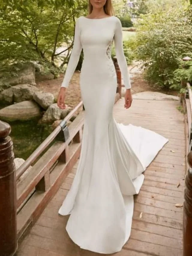 

Elegant Mermaid / Trumpet Wedding Dresses Jewel Neck Crepe Long Sleeve with Lace Insert Sweep Train Bridal Gown