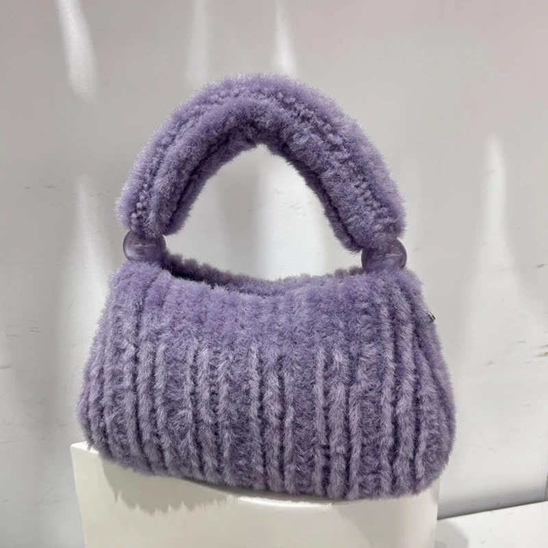 

Korean Casual Pillow Bags For Women Luxury Designer Handbags Purses 2023 New In Faux Fur Beaded Decoration Small Plush Shoulder