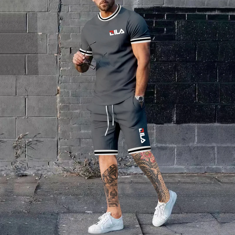 Summer  Solid Color Circular Next Ceiling Casual Suit Men's Fashion  T -shirt Leisure Luxury Comfortable Sport Suit