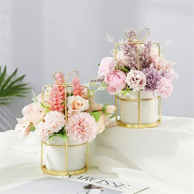 

Wedding Party Roses Flowers Ins Nordic Simulation Plants Potted Flowers Suit Ceramic Vase Golden Roses for Home Decoration