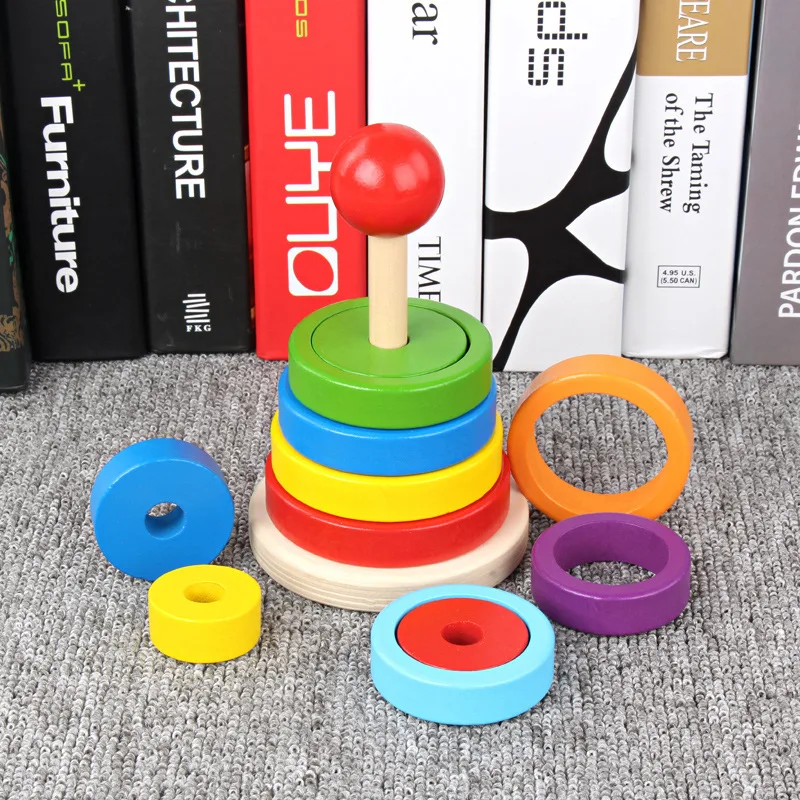 

Wooden children's puzzle Hanotta Rainbow Jenga rings paired with block color recognition toys