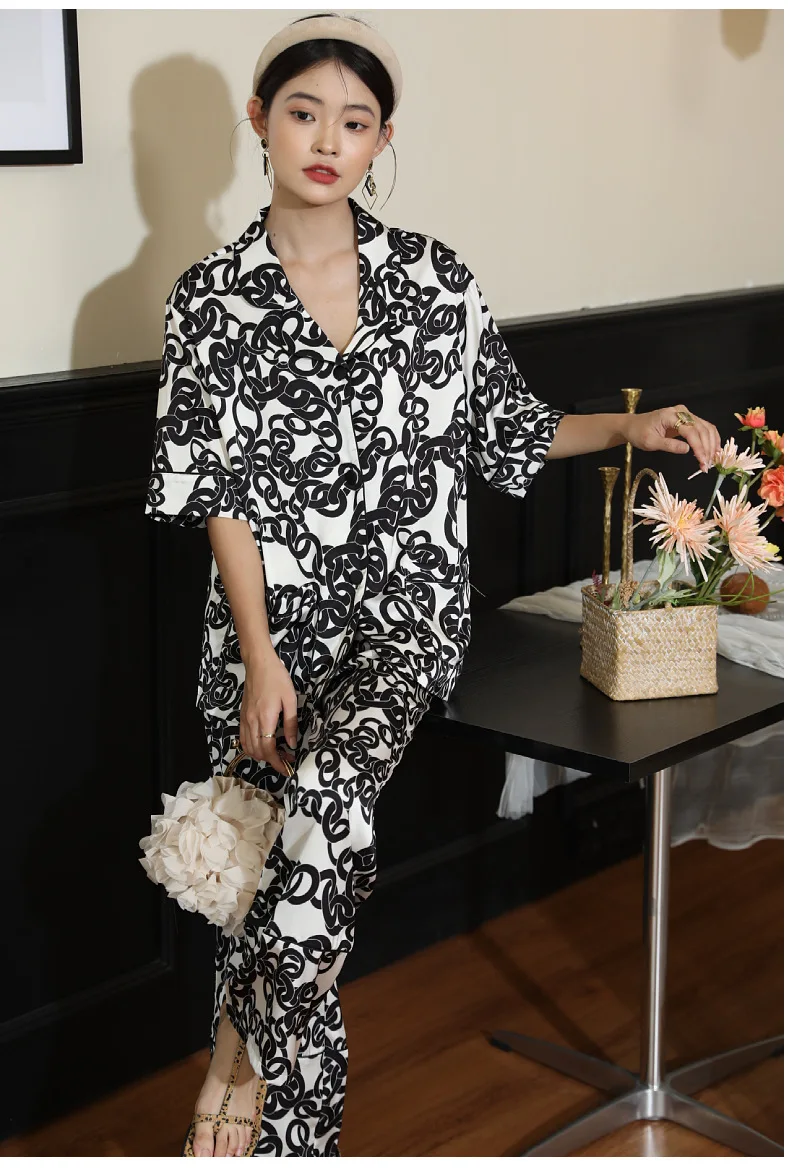 Ice silk pajamas women's new short-sleeved sleeve trousers two piece set summer pajama set dropshipping