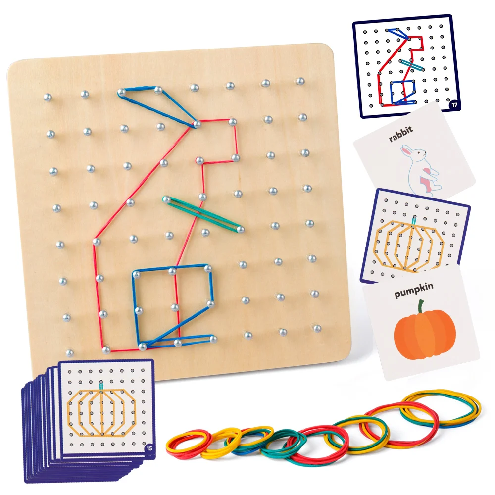 Wooden Toys Geoboard Mathematical Manipulative Block-30Pcs Pattern Cards Geo Board with Rubber Bands Puzzle for Kids