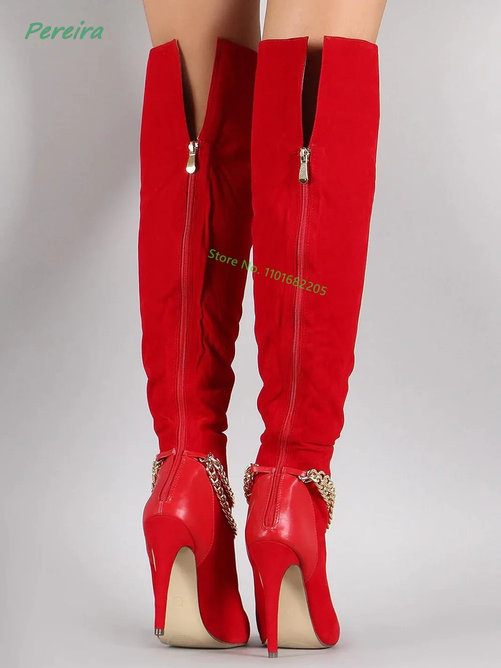 2022 Red Suede Boots Women's Winter Chain Solid Pointed Toe Thin High Heel Back Zipper Sexy Catwalk Shoes For Free Shipping