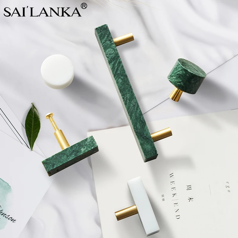 

SAILANKA Brass Stone Furniture Handles Marble Modern Round Pulls Green White Cupboard Wardrobe Home Dresser Drawer Cabinet Knobs