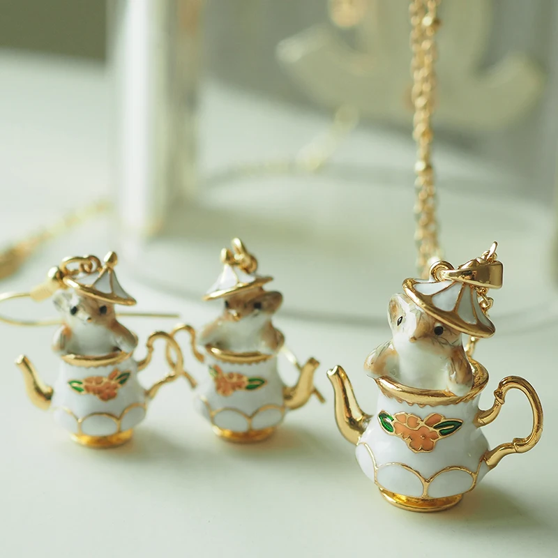 

New Trendy Painted enamels ​Plated Enamel Tea Cup Chipmunk Earrings Pendant Necklaces For Women Fashion Jewelry Sets Party Gift