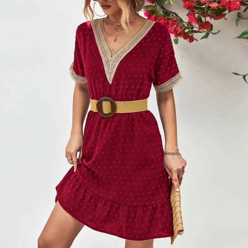 

Элегантные кружевные платья YEMOGGY с V-образным вырезом и коротким рукавом, женское летнее платье с поясом, новинка 2023, однотонное жаккардовое мини-платье в горошек с оборками