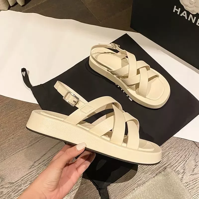 

2023NEW Summer Sandals Beach Sandals Fashion Flats Shoes 2021 New Sandal Non-slip Flat Sandals Buckle Black And Beige