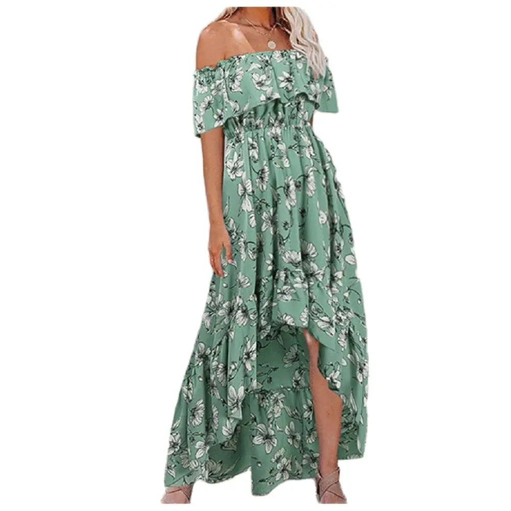 

Casual Floral Slip Neck Princess Short Sleeves Luxurious Elegant Ladies Green Dress Summer Beach Vacation Clothing