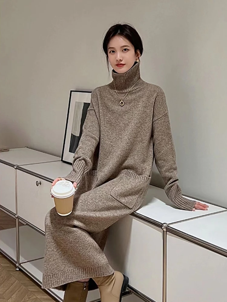 

Jastie 2023 Autumn And Winter Knitted Women's Dress Fashion Turtleneck Long Sleeve Sweater Elegant Solid Long Tie Waist Dress